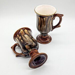 Brown Drip Glaze Ceramic Pedestal  Coffee Mugs (2)